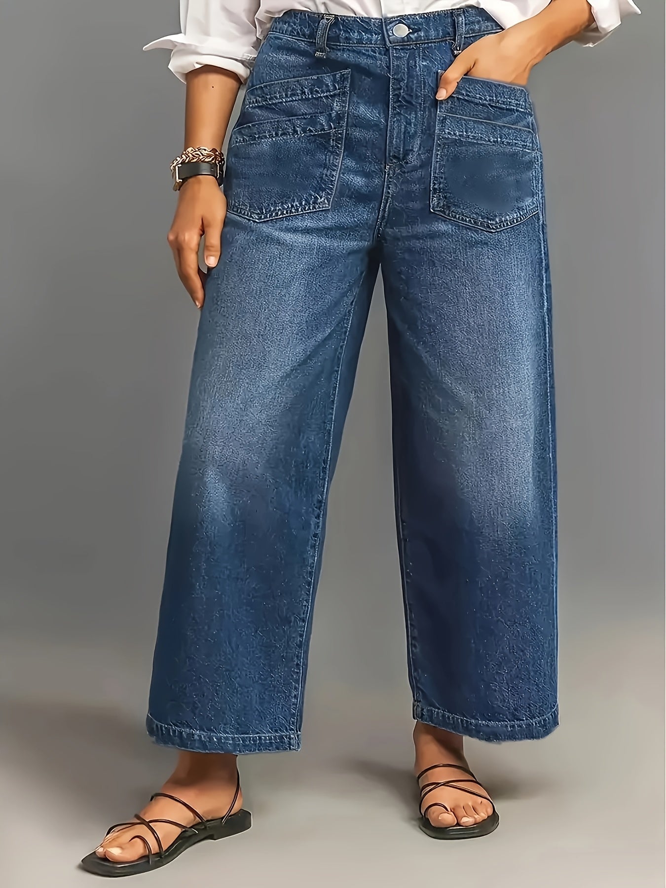 Women's High-Stretch Wide Leg Denim Jeans with Slash Pockets and Button Closure