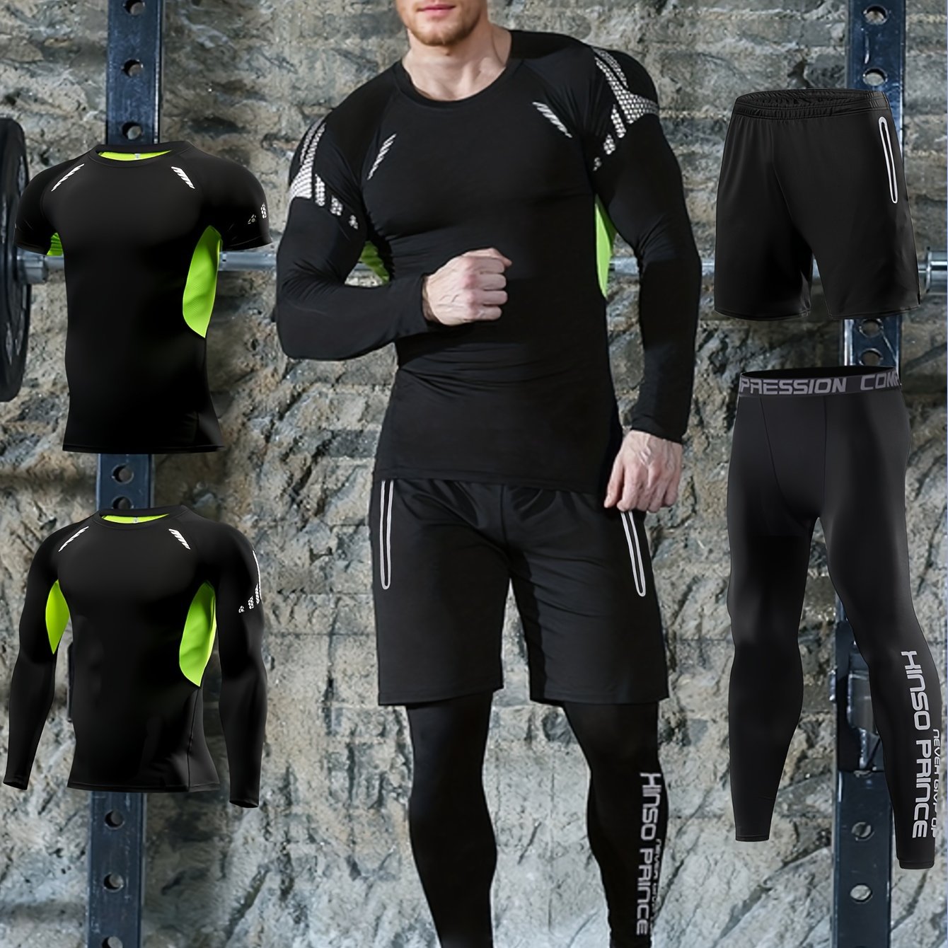 Men's Athletic Set Quick-Dry Stretch Compression Gear Long Sleeve Top Shorts Jacket Leggings Black Green
