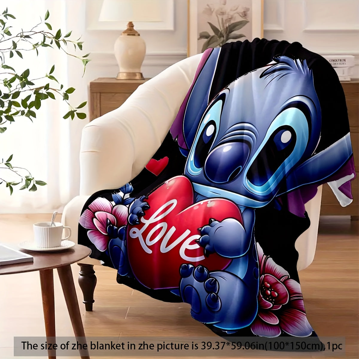 Cute Stitch Cartoon Love Heart Flannel Throw Blanket Soft Fleece All-Season