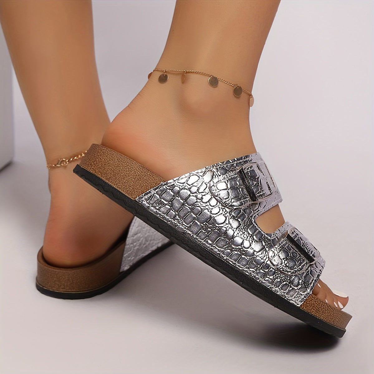 Women's Golden Metallic Synthetic Open-Toe Sandals with Adjustable Ankle Strap