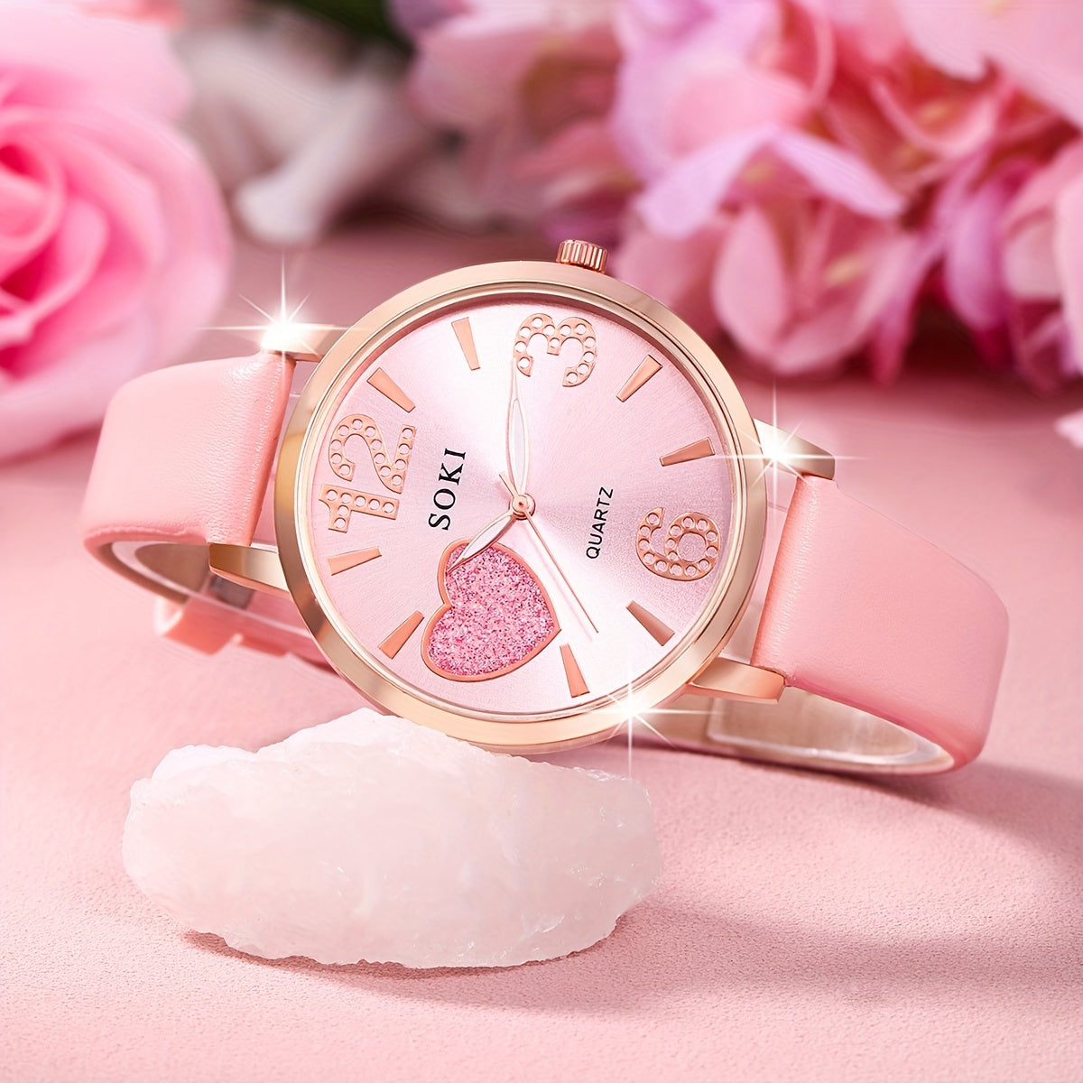 Ladies Fashion Digital Quartz Faux Leather Round Wrist Watch with Heart Jewelry Set