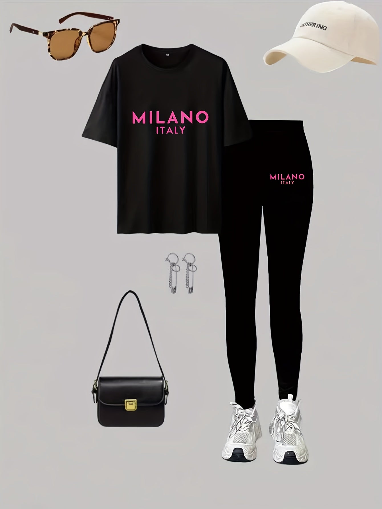 Women's Plus Size Graphic Tee And Leggings Set Polyester Stretch Casual