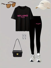 Women's Plus Size Graphic Tee And Leggings Set Polyester Stretch Casual