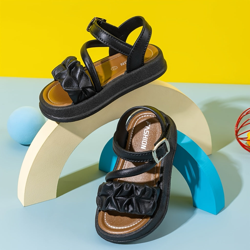 Girls Kids Black PVC Princess Sandals with Ruffled Design and Hook and Loop Closure