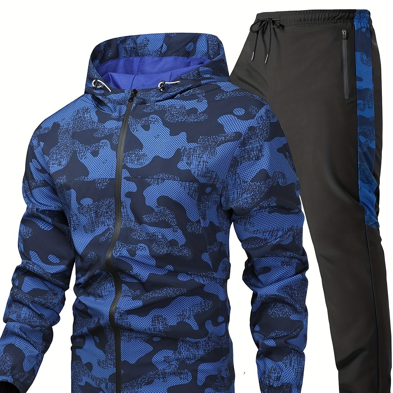 Men's Camouflage 2-Piece Casual Outfit Hooded Jacket and Breathable Pants