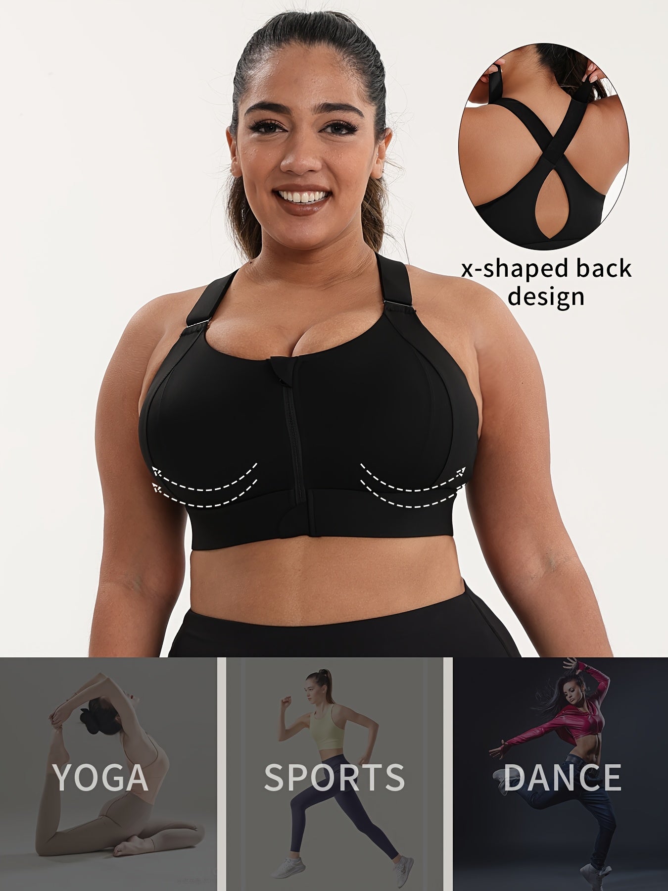 Plus-Size Women's High-Support Sports Bra with Adjustable Cross Back Black
