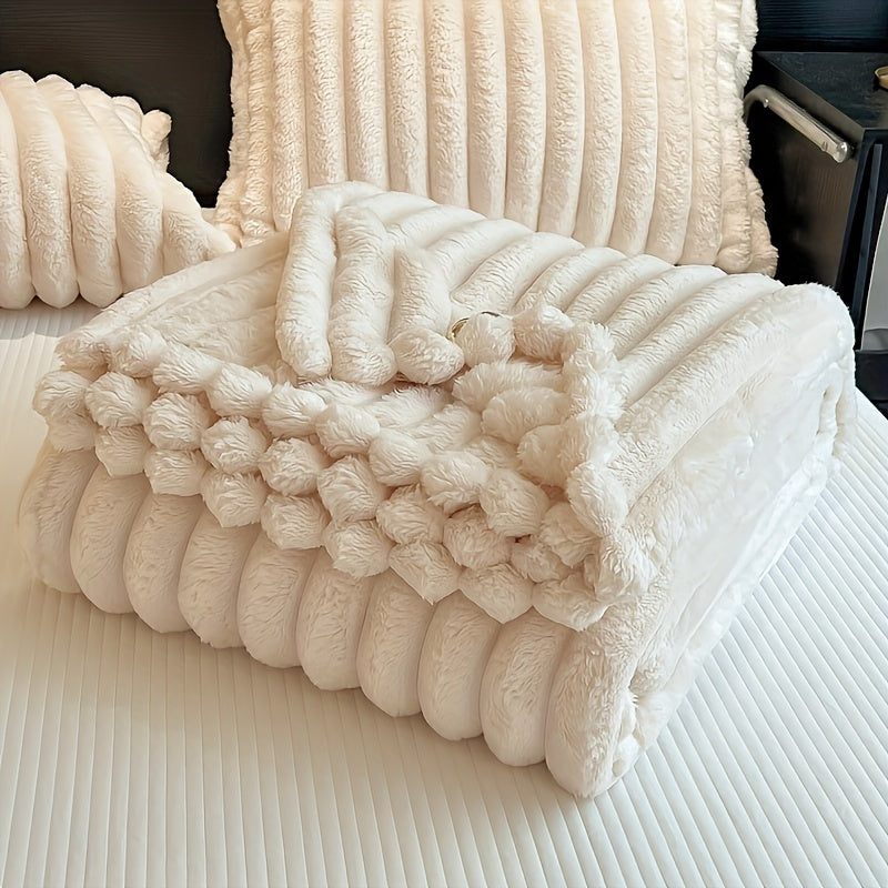 Ultra-Soft Faux Rabbit Fur Throw Blanket with Stripes, Machine Washable, Non-Shedding
