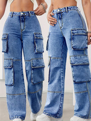 Jeans cargo de talle alto para mujer talla plus con múltiples bolsillos y denim elástico