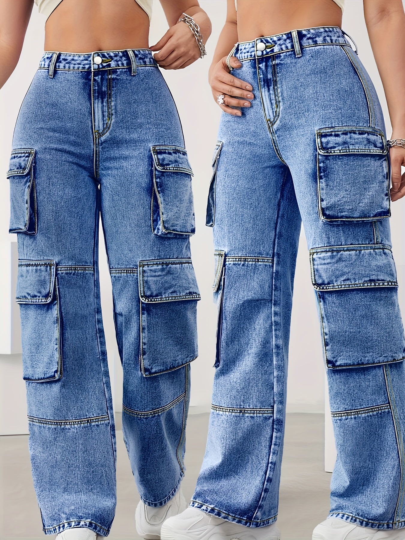 Jeans cargo de talle alto para mujer talla plus con múltiples bolsillos y denim elástico