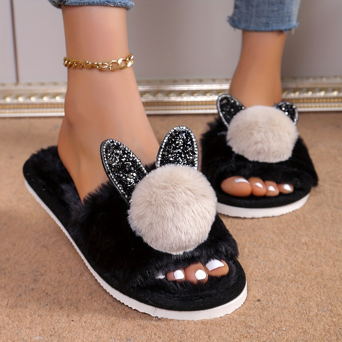 Zapatillas con orejas de conejo con purpurina para mujer, interiores, para todas las estaciones, con felpa de peluche, zapatos de casa de EVA