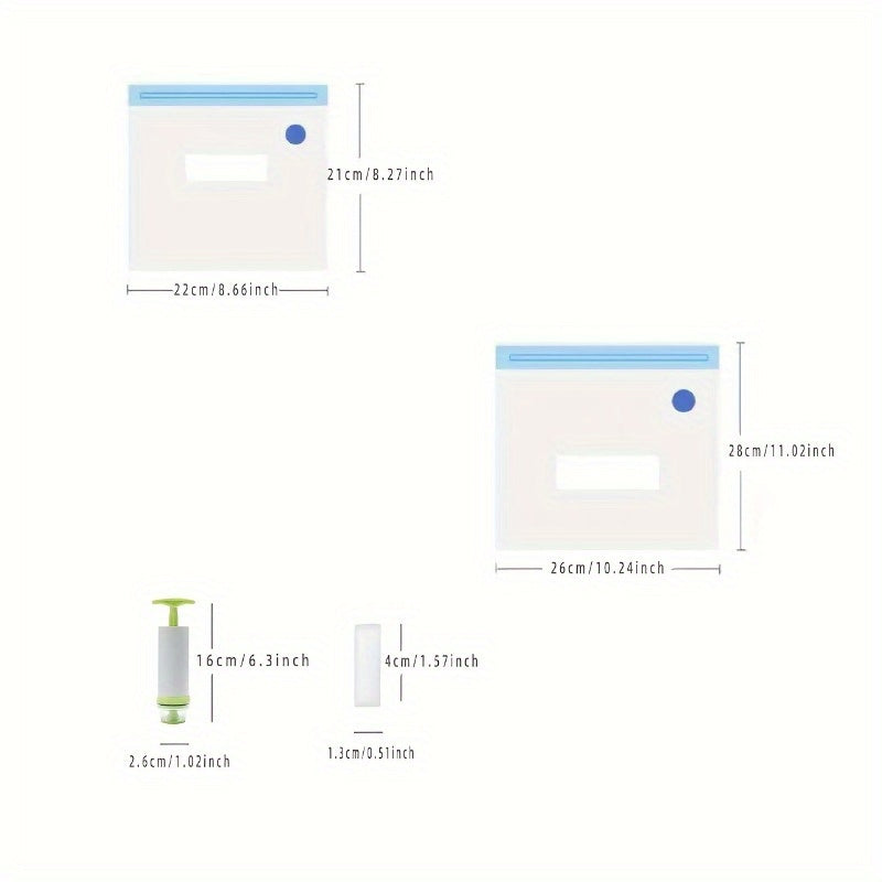 Qayta ishlatiladigan oziq-ovqat saqlash sumkalar, qo‘l pompası va yopishtiruvchi kliplar bilan, havo o'tkazmaydigan Ziplock tashkilotchisi