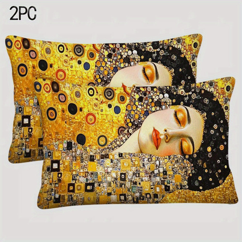 Set of 2 Gustav Klimt Kiss Abstract Oil Painting Pillow Covers 50.8x30.48cm for Sofa Bedroom Decor