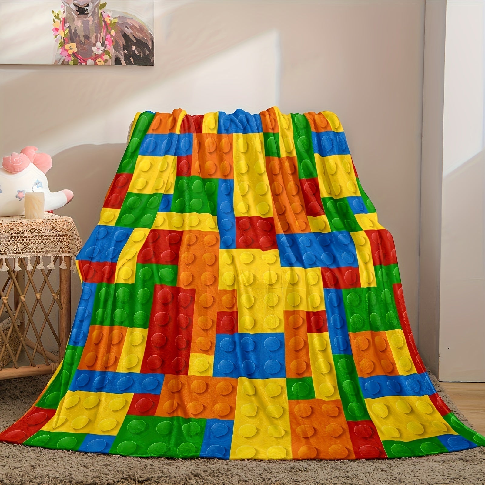 Bohemian Style Flannel Throw Blanket Square Block Print All-Season Cozy Bedding