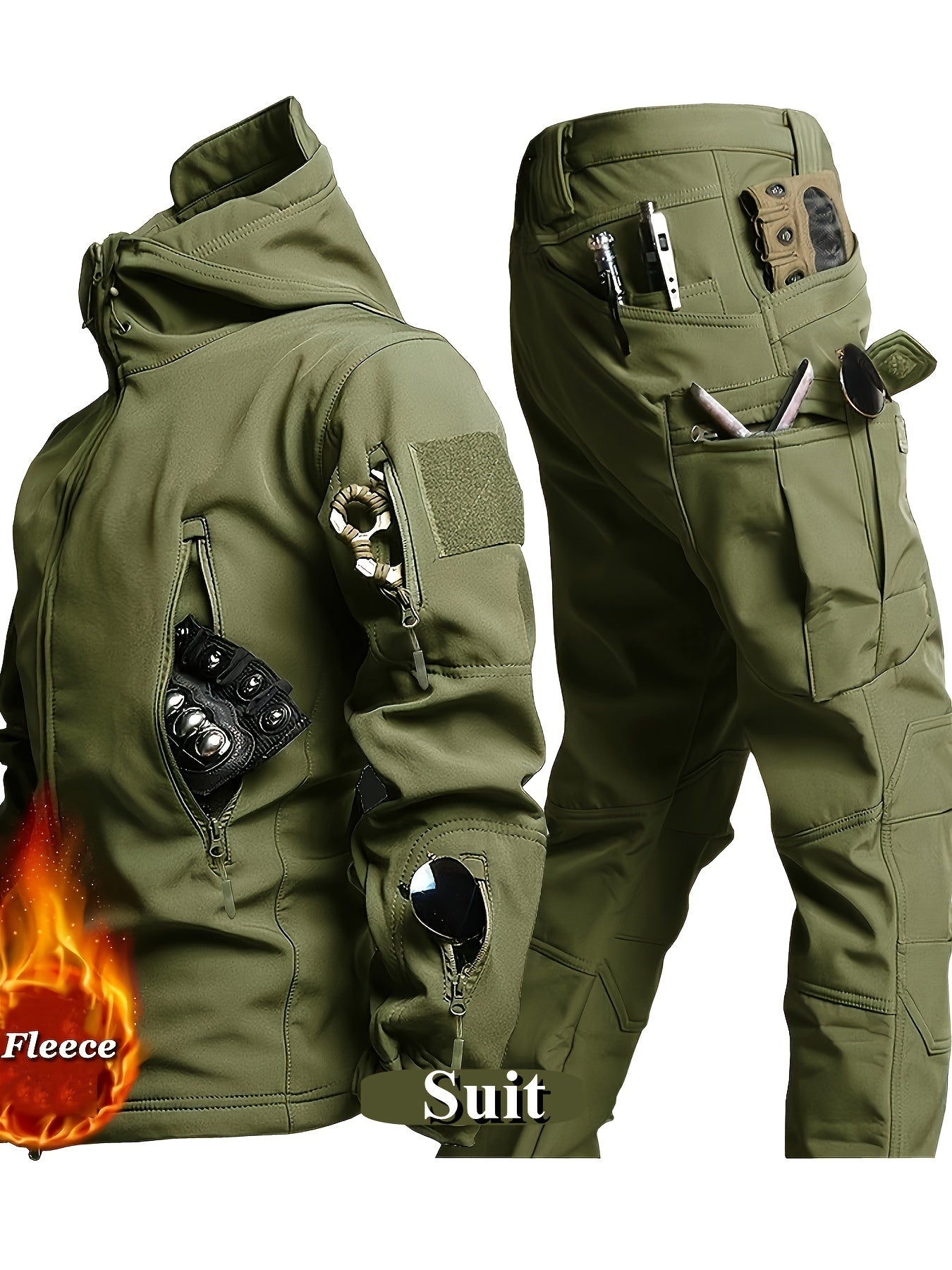 Men's Waterproof Breathable Cargo Sports Suit with Fleece Hooded Quick-Drying Jacket