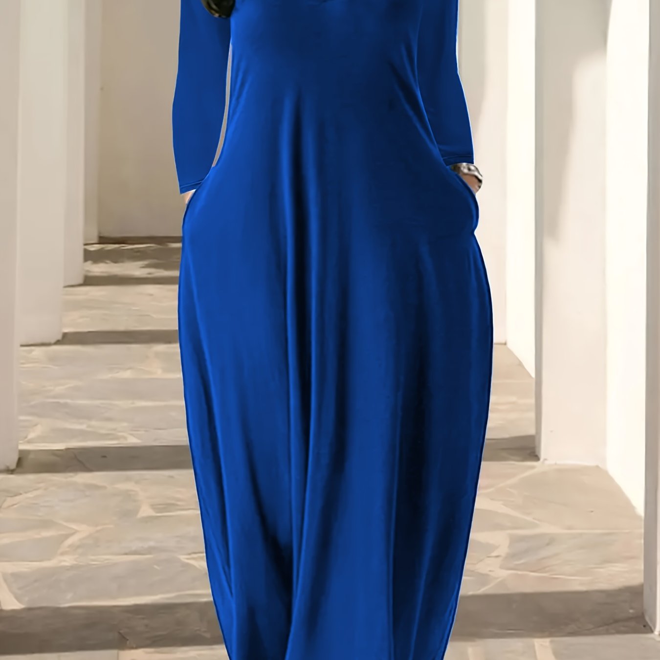 Plus Size Solid Color Maxi Dress with V Neck Long Sleeves Pockets