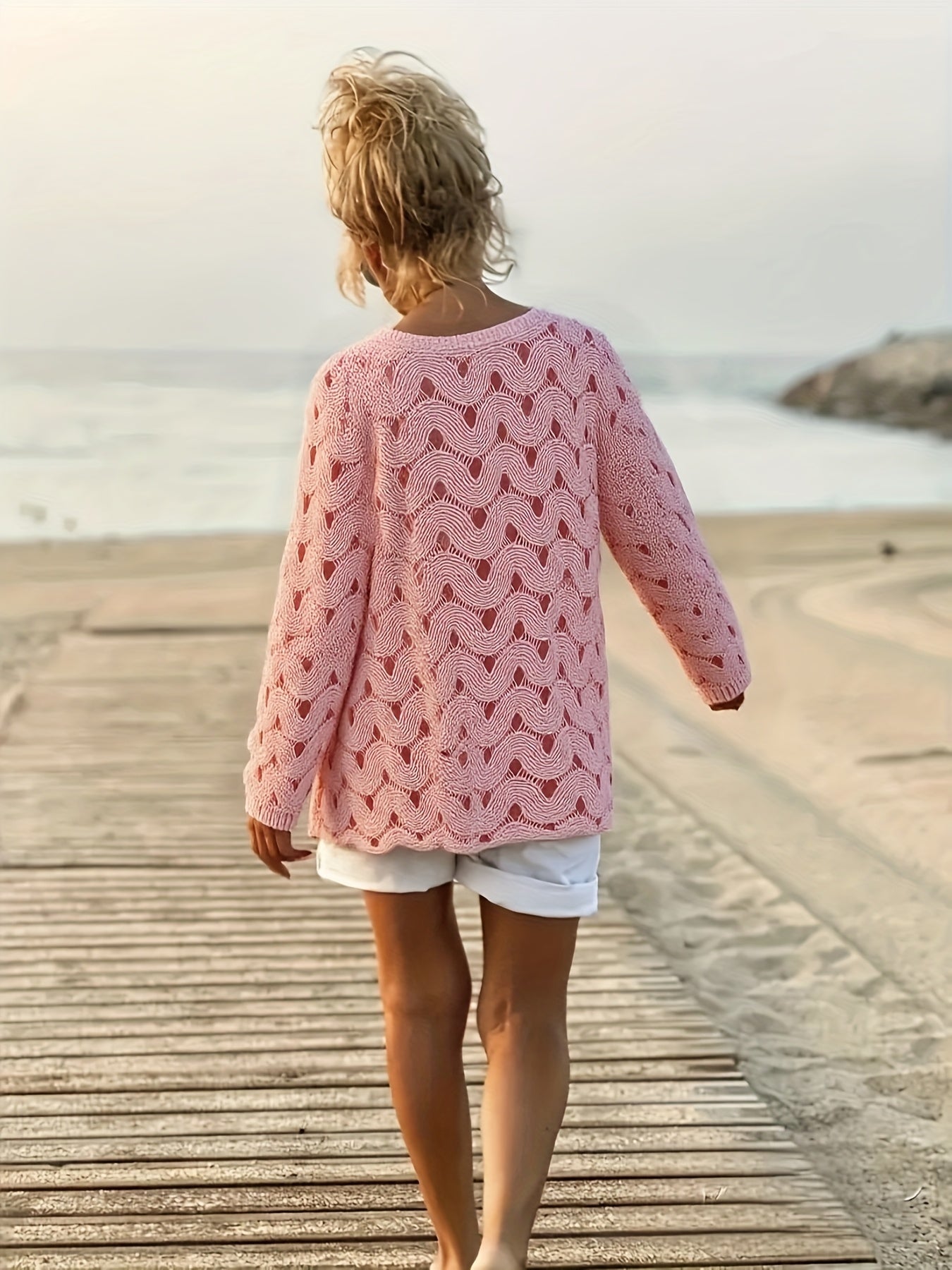 Women Plus Size Long Sleeve Knit Sweater Pink Hollow Ribbed Spring Summer