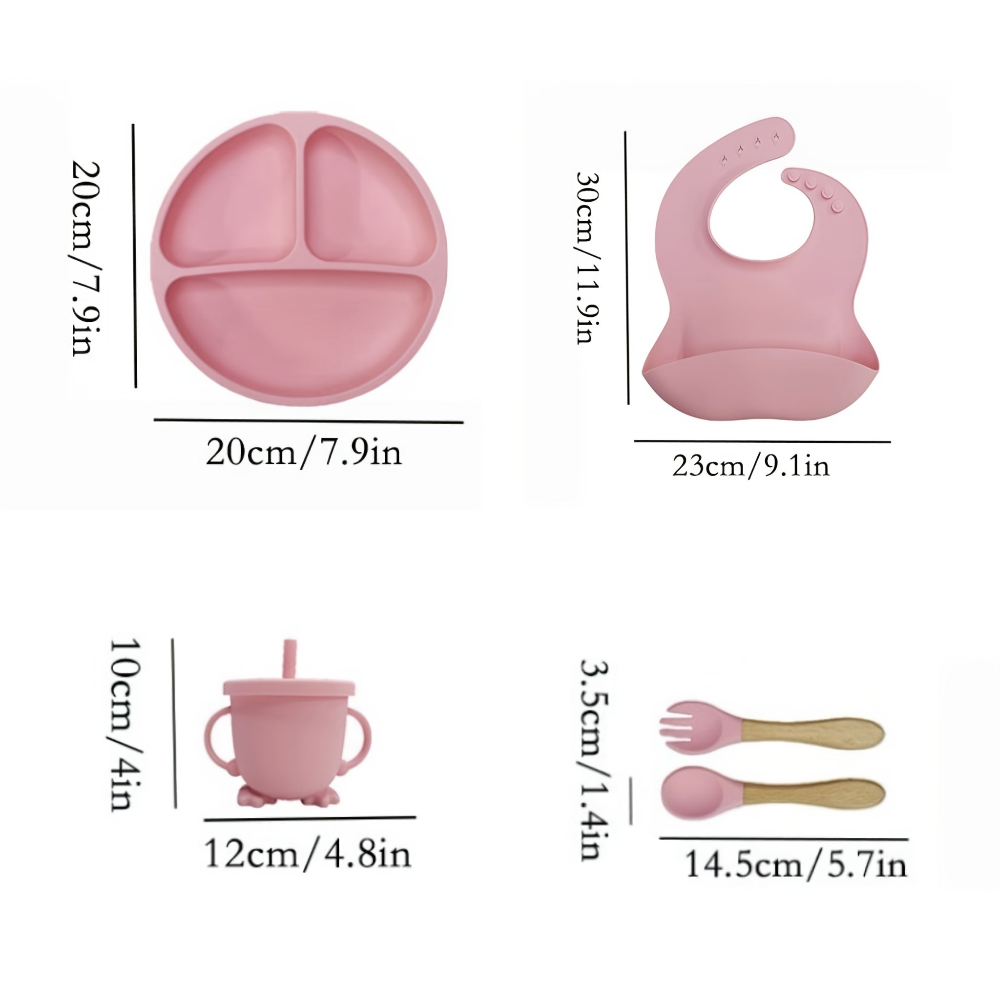 Children's Silicone Self-Feeding Tableware Set with Suction Plate Bowl Spoon Fork Bib Multiple Colors