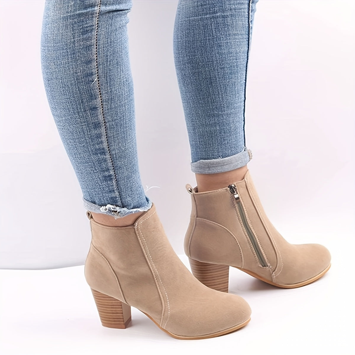 Women's Ankle Boots Fabric Lined Side Zipper Chunky Heel