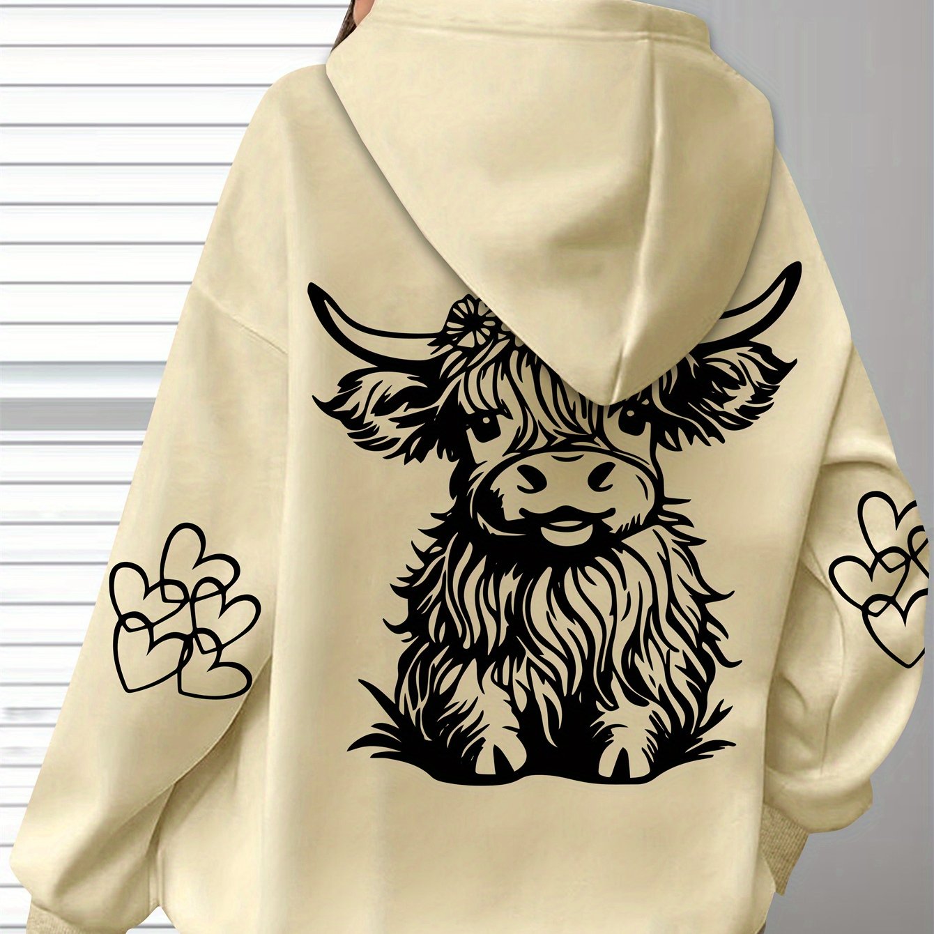 Women's Oversized Cozy Hoodie Brown Highland Cow Print Long Sleeve Pullover Casual