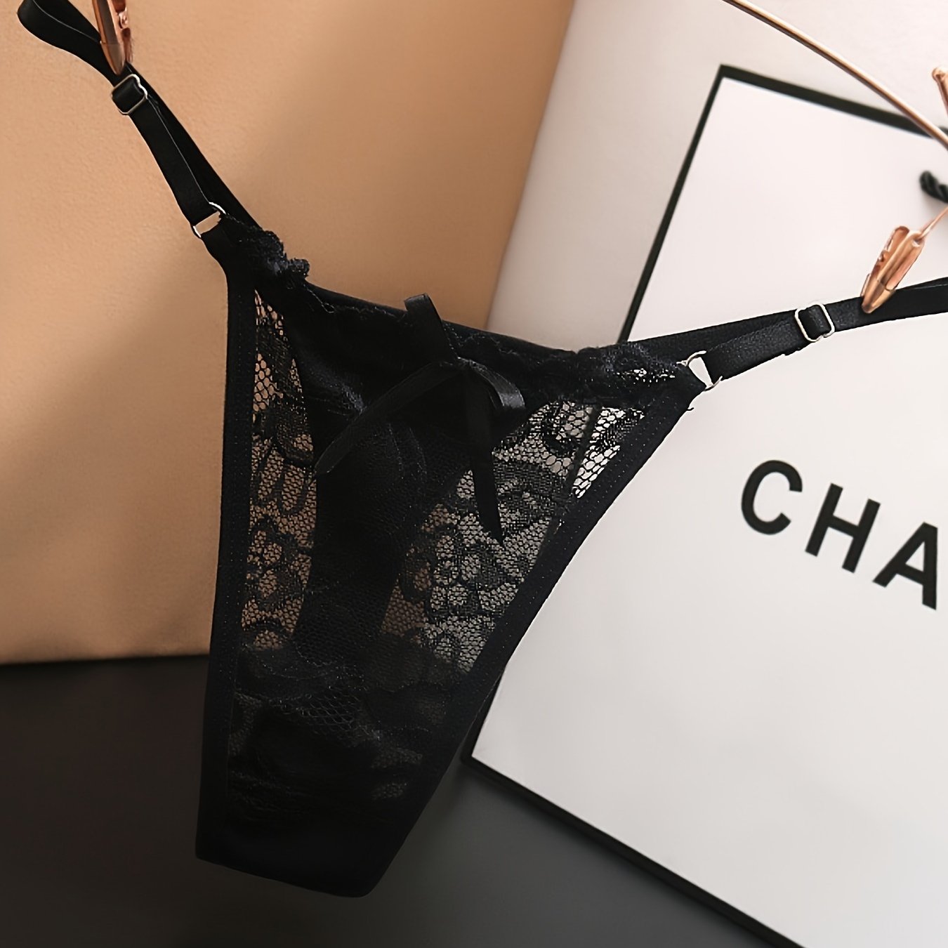 Black Lace Thong Panties with Adjustable Straps and Rose Gold Details for Women