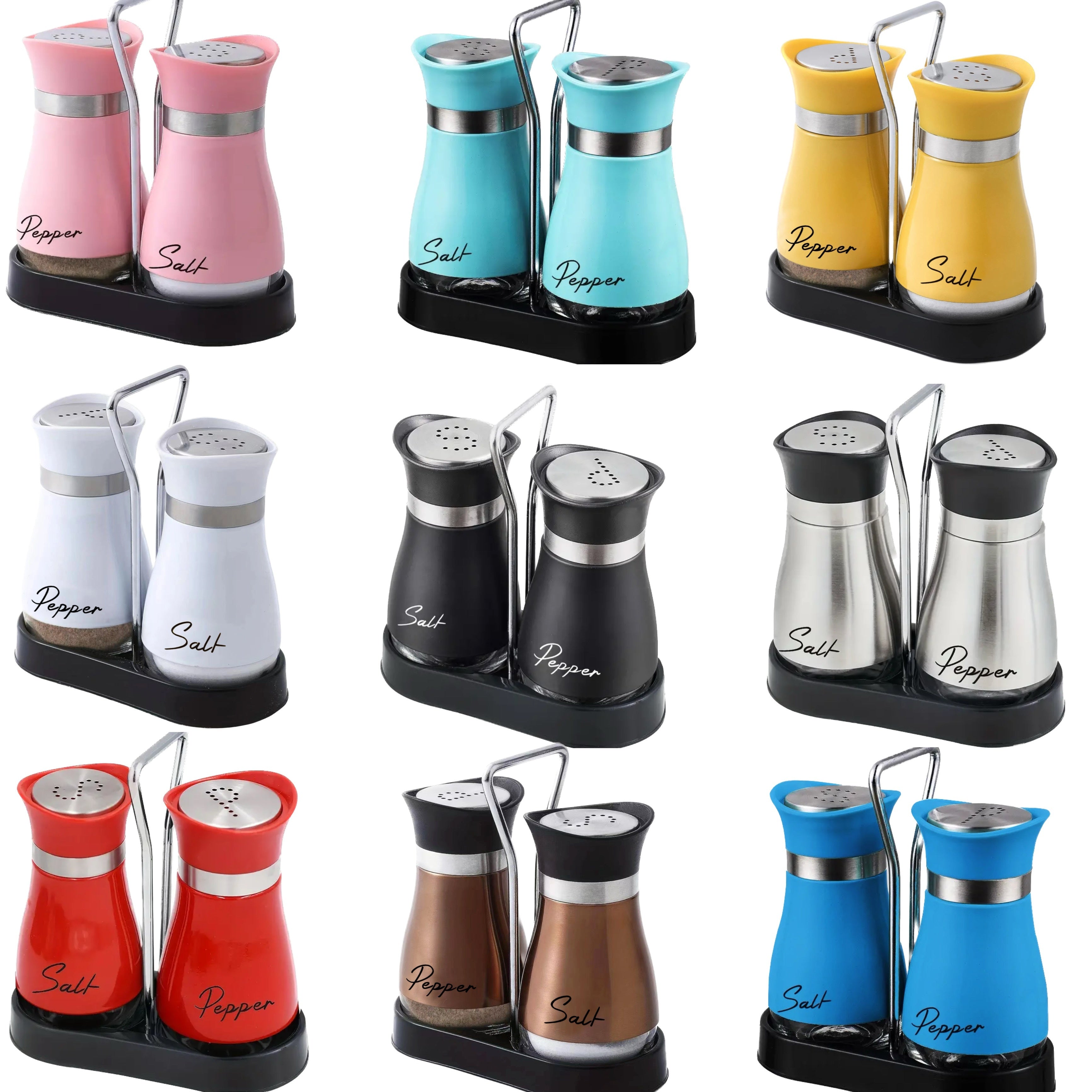 Set of 2 Glass Salt and Pepper Shakers with Holder, 4 oz Refillable Stainless Steel Lids