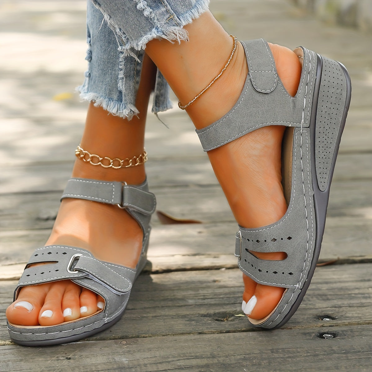 Women's Solid Color Wedge Sandals Open Toe Platform Ankle Strap