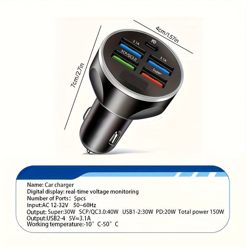 High Power Car Charger 3 USB Ports PD Fast Charging for Smartphones Tablets