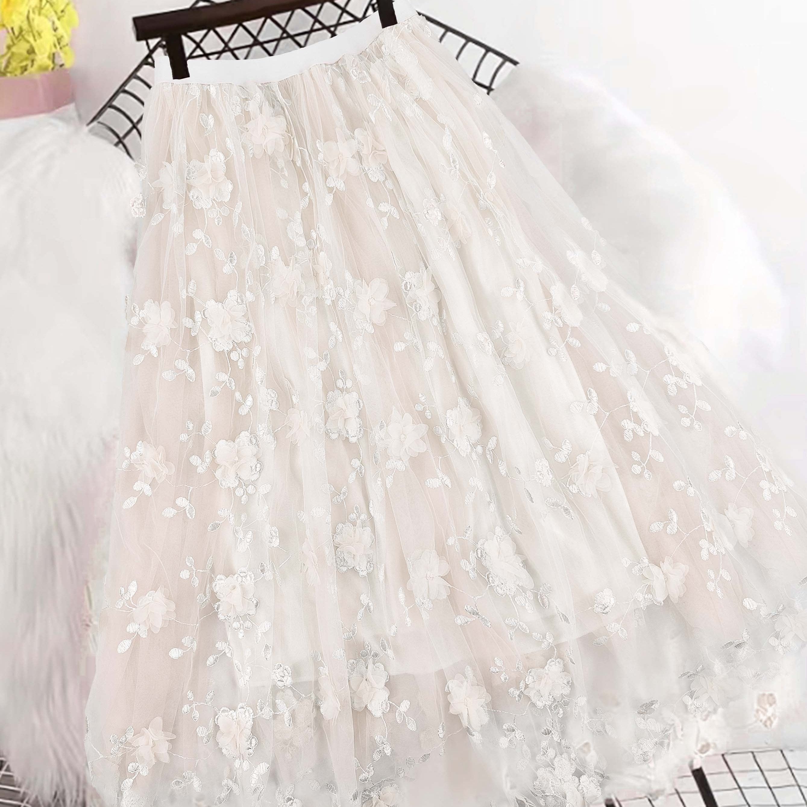 Women's High-Waist A-Line Midi Skirt with Tulle and Floral Embroidery Black Spring Summer Polyester