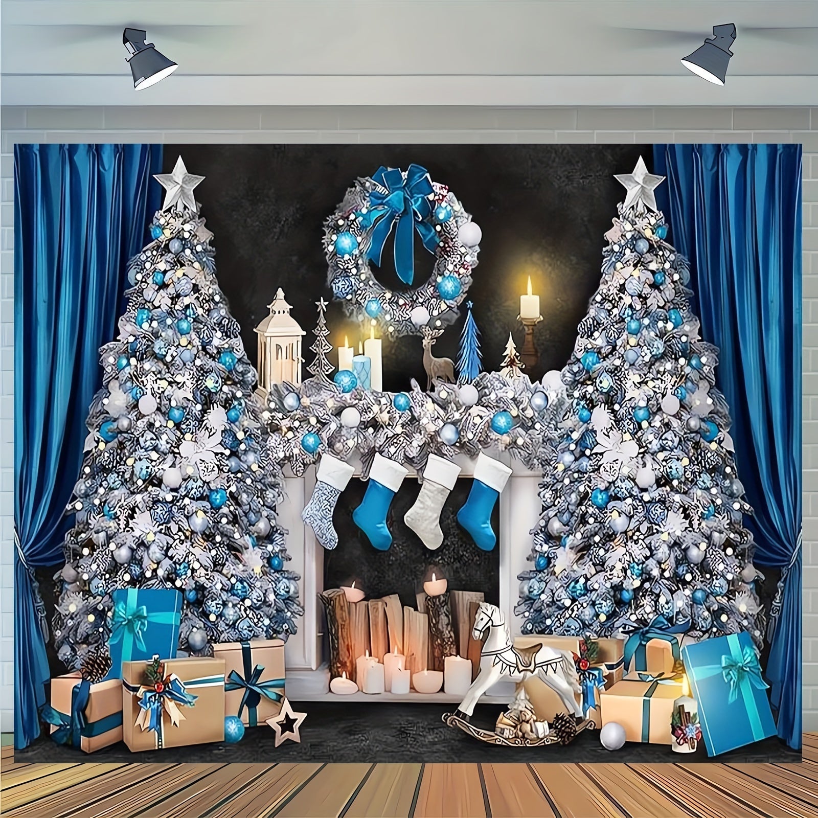 Blue and White Christmas Mantelpiece Scene with Presents and Tree for Holiday Decor
