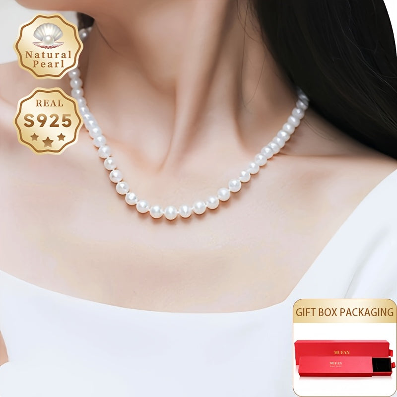 MUFAN Элегантное ожерелье из натуральных пресноводных жемчужин 7-8 мм для женщин, камень месяца июня, застежка S925 из серебра, подходит для повседневной носки и особых случаев - в комплекте подарочная коробка, без покрытия