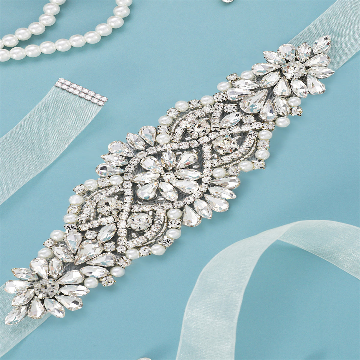 Handcrafted Rhinestone Bridal Belt Waist Chain Sash with Faux Pearl Beads Wedding Dress Accessory