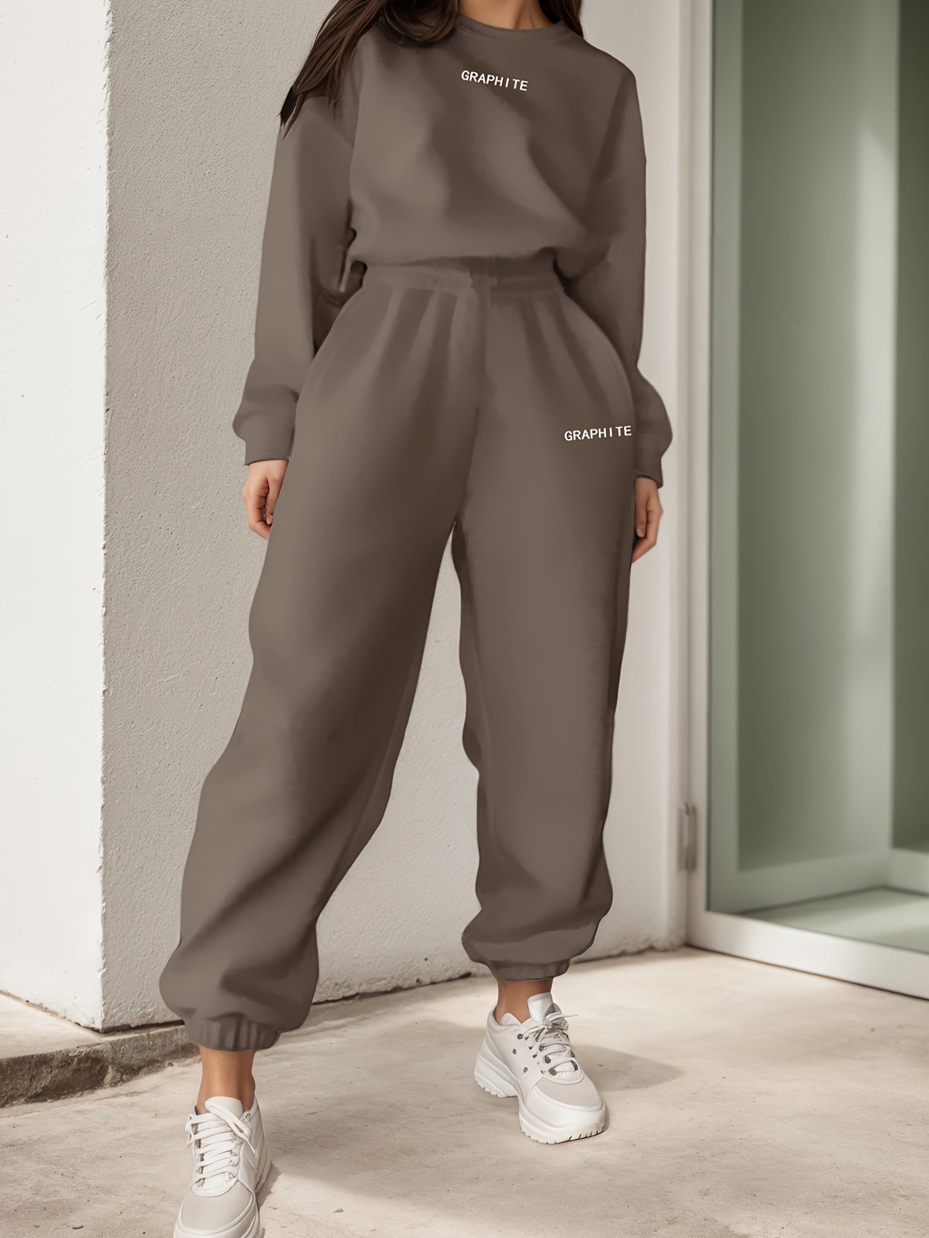 Plus Size Women Sportswear Set Polyester Embroidered Letter Casual Streetwear