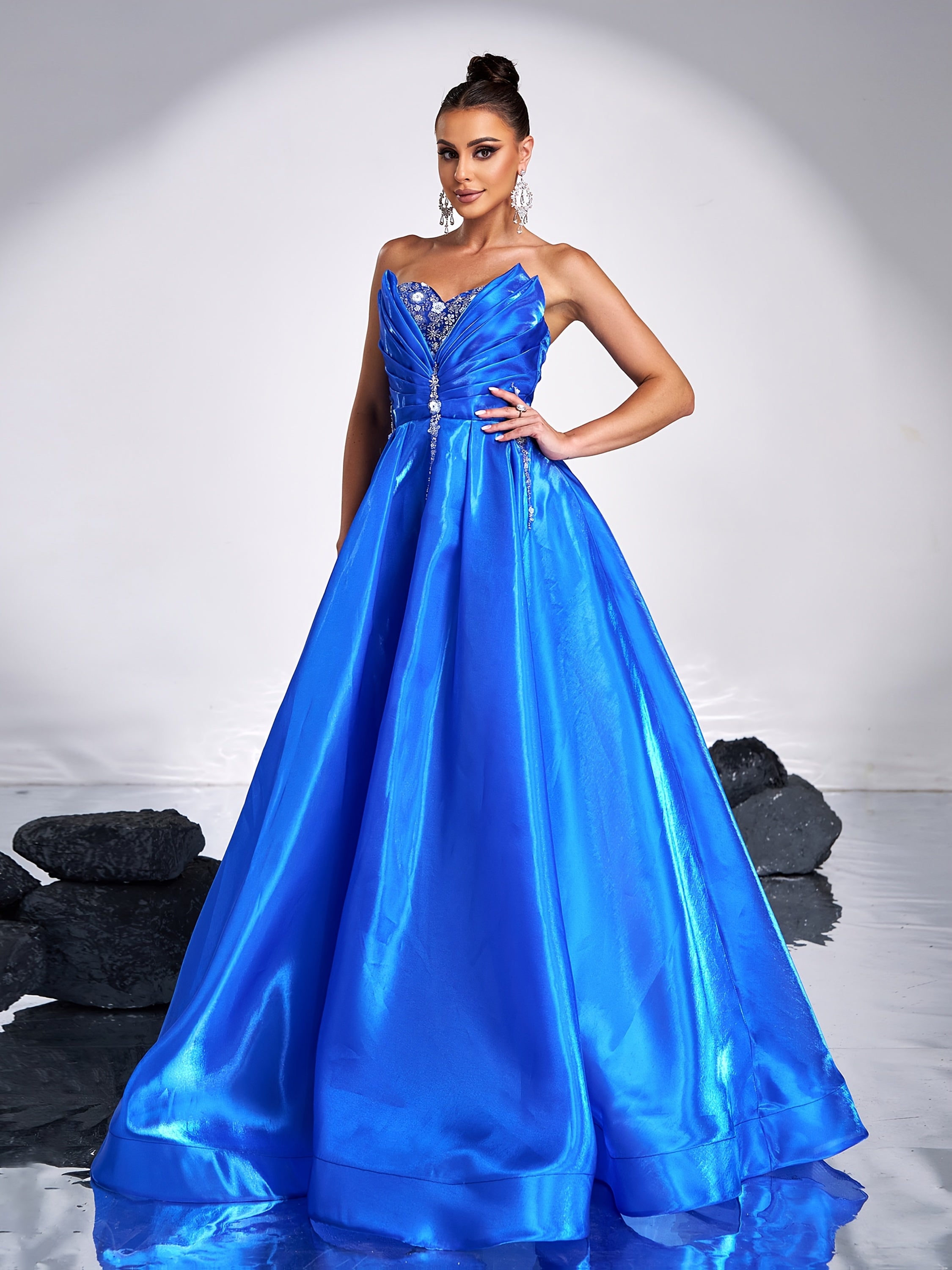Women's Royal Blue Satin Evening Dress with Rhinestone Details and Backless Design