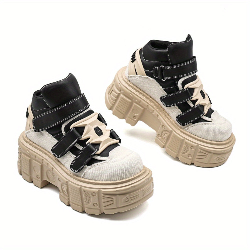 Women Punk Style High-Top Chunky Platform Ankle Boots Black White Accents