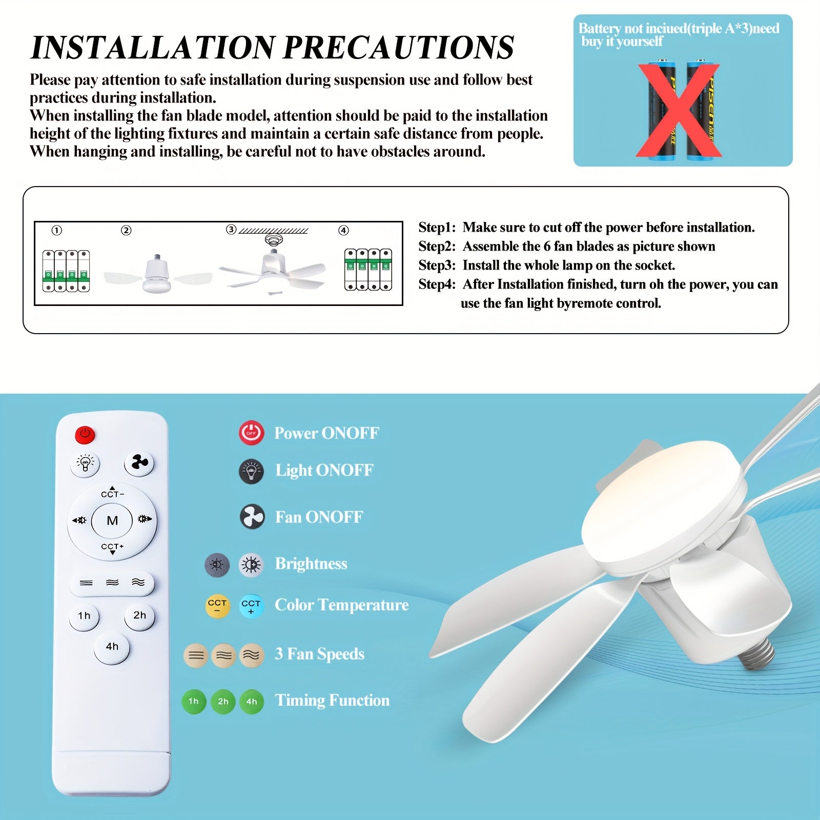 Modern Dimmable LED Ceiling Fan Light with Remote Multi-Speed 3 Color Options E26/E27 Hard-Wired Indoor