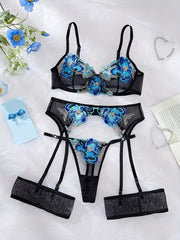 Women's Floral Lingerie Set with Garter Belt and Adjustable Straps
