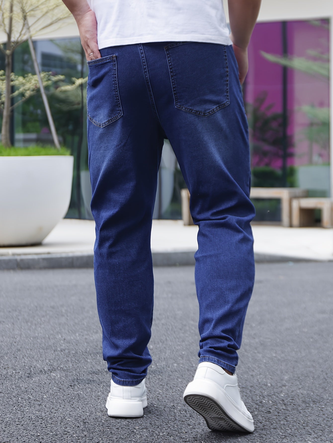 Men's Plus Size Dark Blue Skinny Jeans with Distressed Rips Stretch Denim All-Season