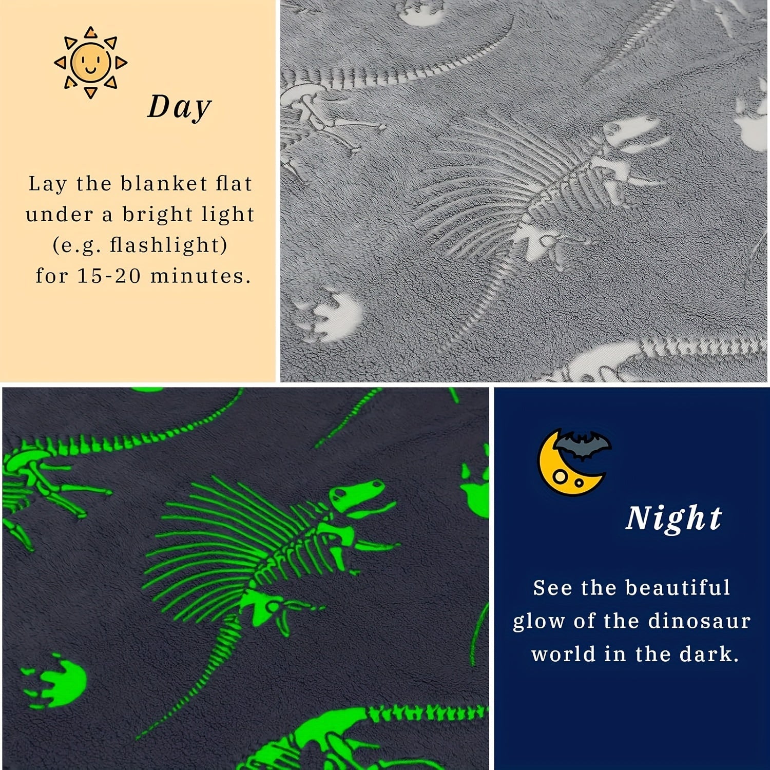 Glow in the Dark Dinosaur Flannel Throw Blanket Soft Warm for Sofa Bed Car Office