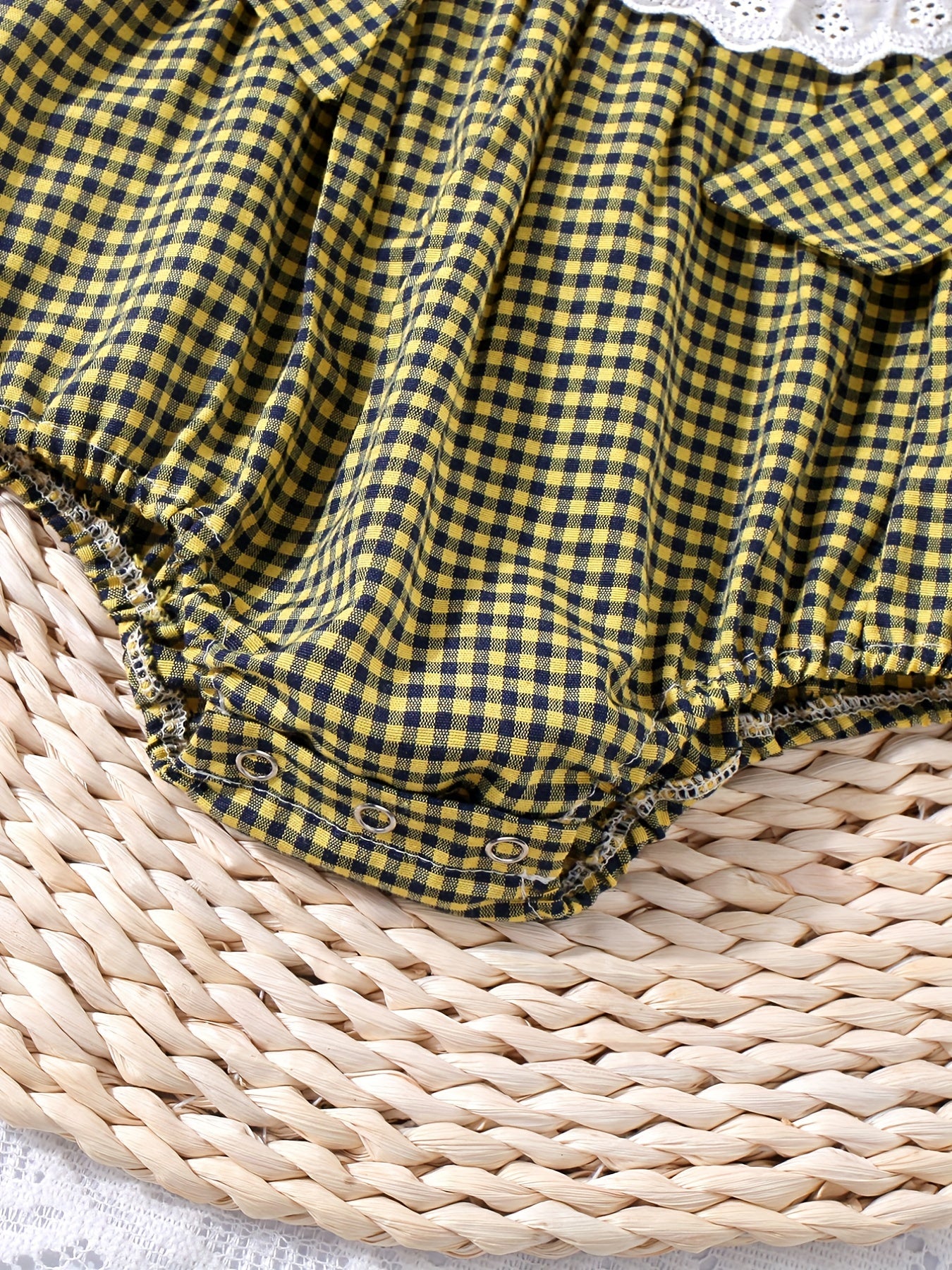 Baby Girls Plaid Onesie with Strawberry Embroidery and Bow Details for Casual Outdoor Wear