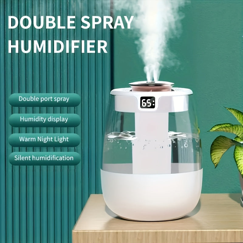 Gran humidificador ultrasónico de aromaterapia con alimentación USB, operación silenciosa, doble modo de pulverización, pantalla de humedad, luz nocturna cálida para hogar y oficina