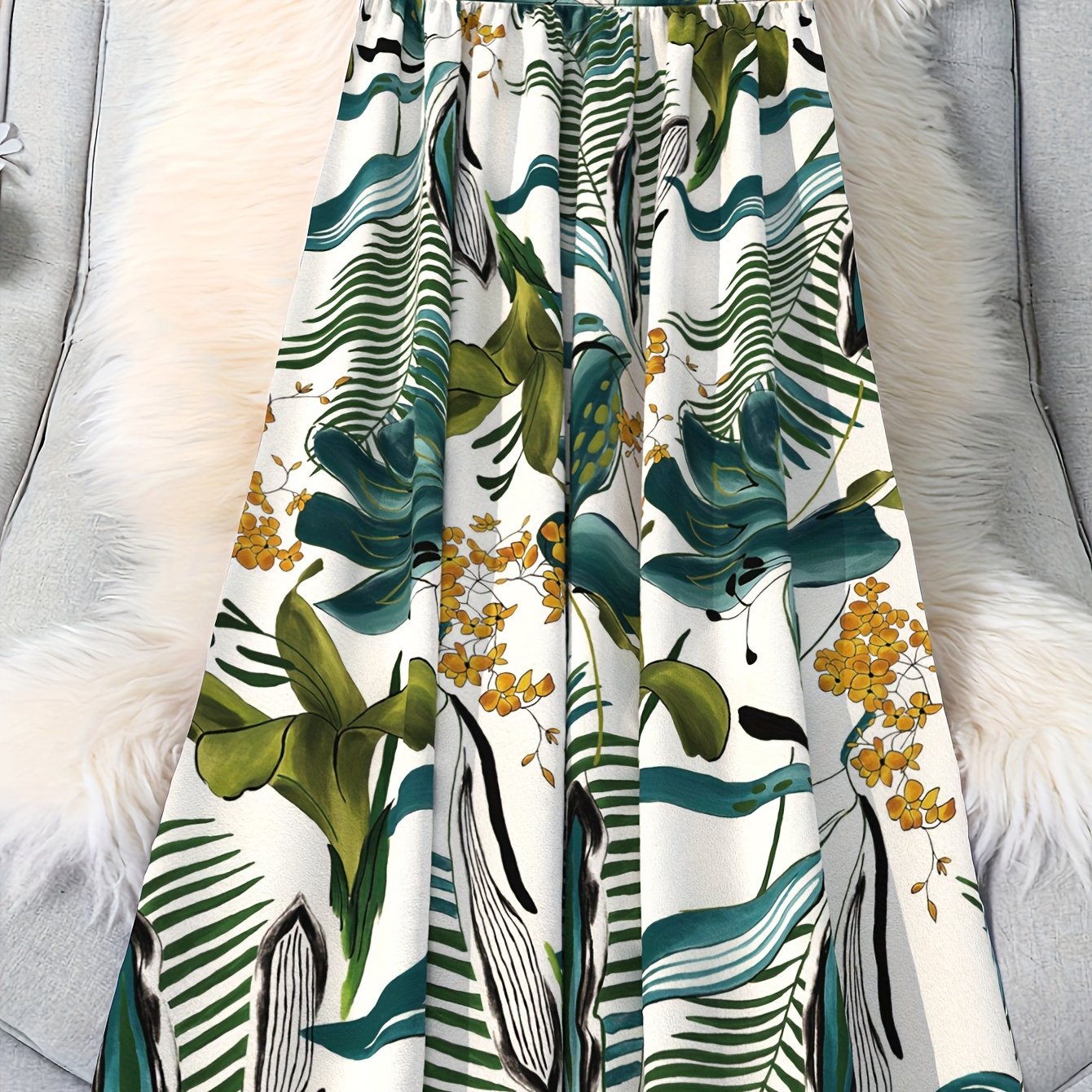 Women's Tropical Print Summer Skirt Lightweight Polyester Elastic Waist Flowy A-Line