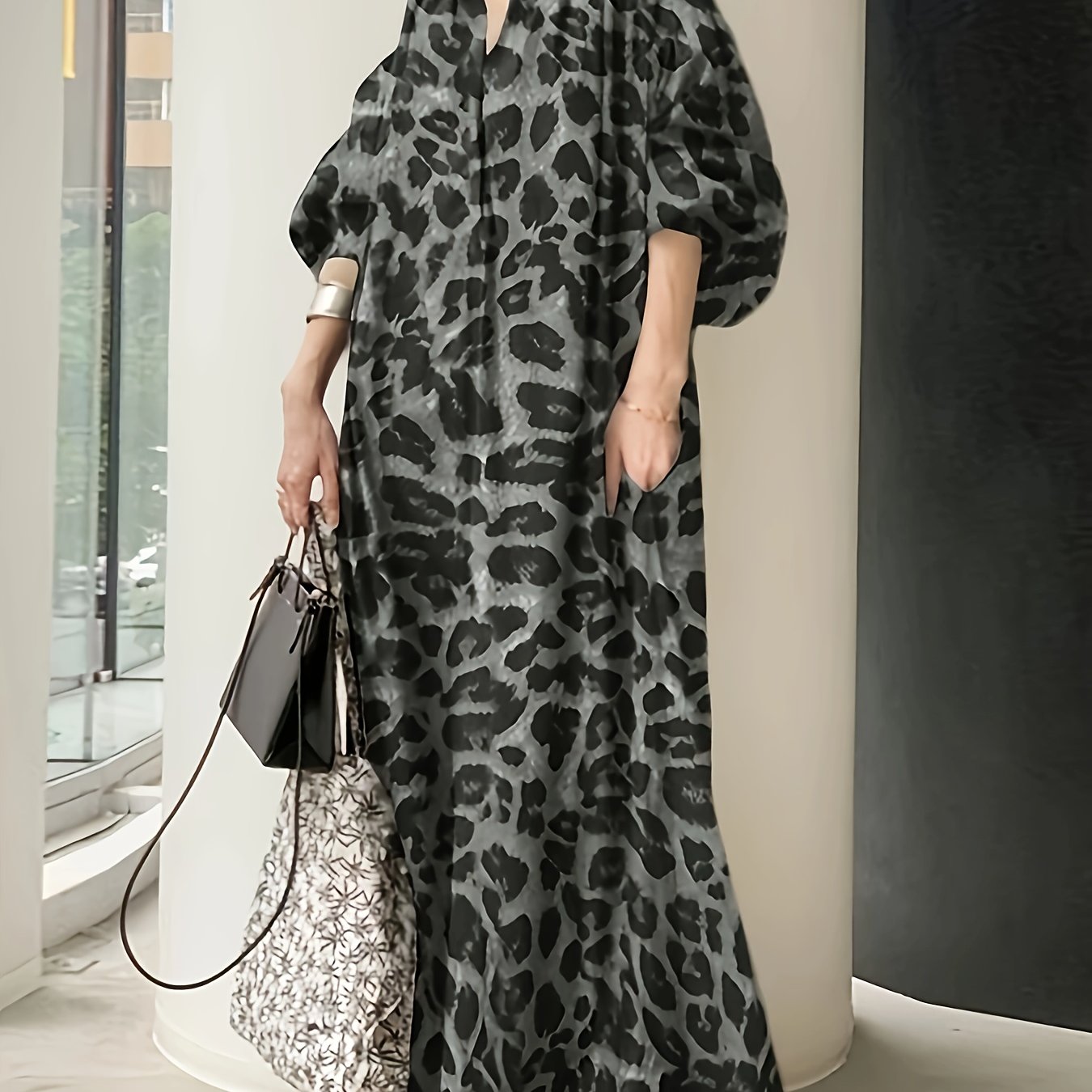 Leopard Print Notched Neck Dress with Lantern Sleeves for Women