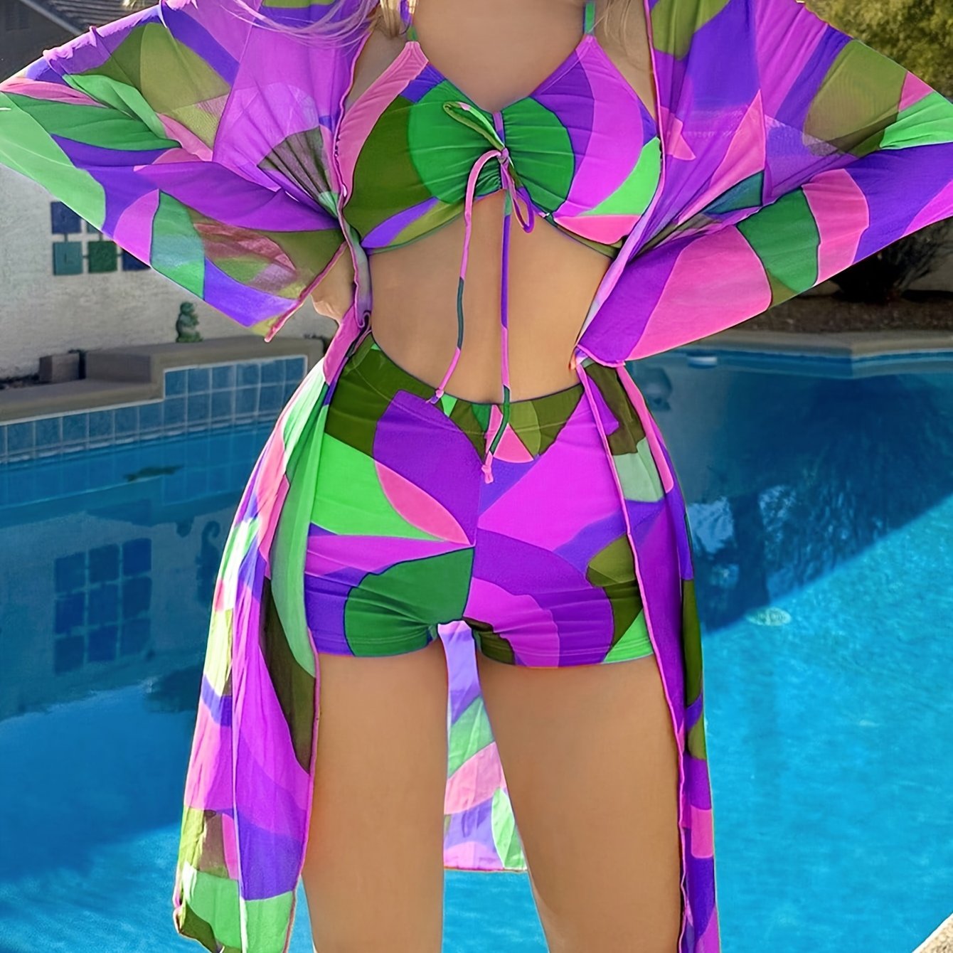 Women's 3-Piece Swim Cover-Up Set Geometric Print Knit Polyester Sun Protection