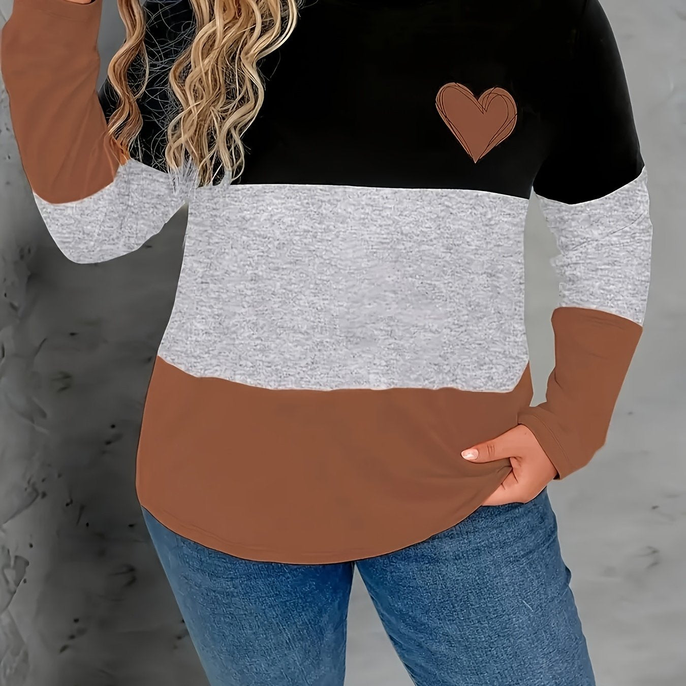 Plus Size Women's Color-Block Long Sleeve Top Polyester Blend Round Neck Casual Wear