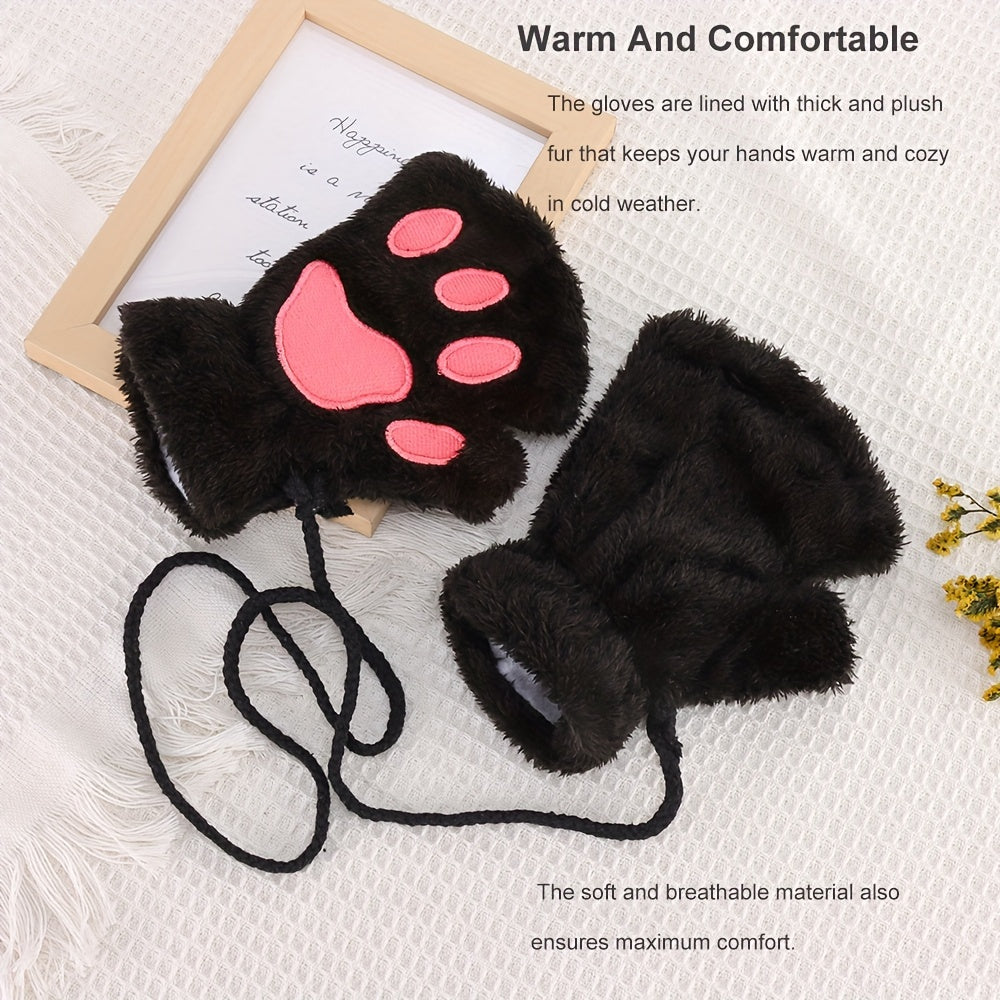 Cozy Cat Paw Fingerless Gloves for Girls Soft Cotton Blend Black Pink Heart Design