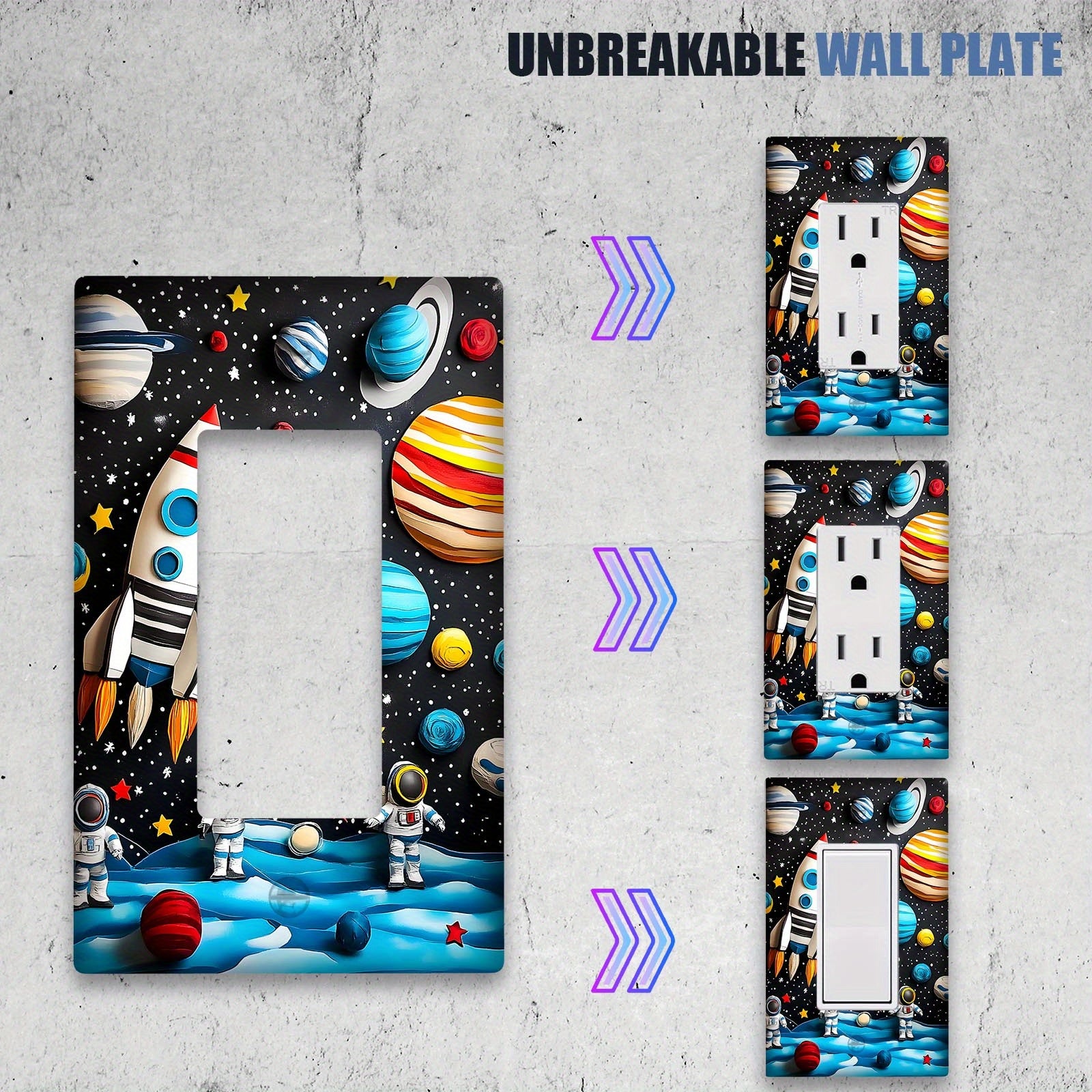 Cubierta de interruptor de luz de cohete de dibujos animados y planetas, fácil de instalar