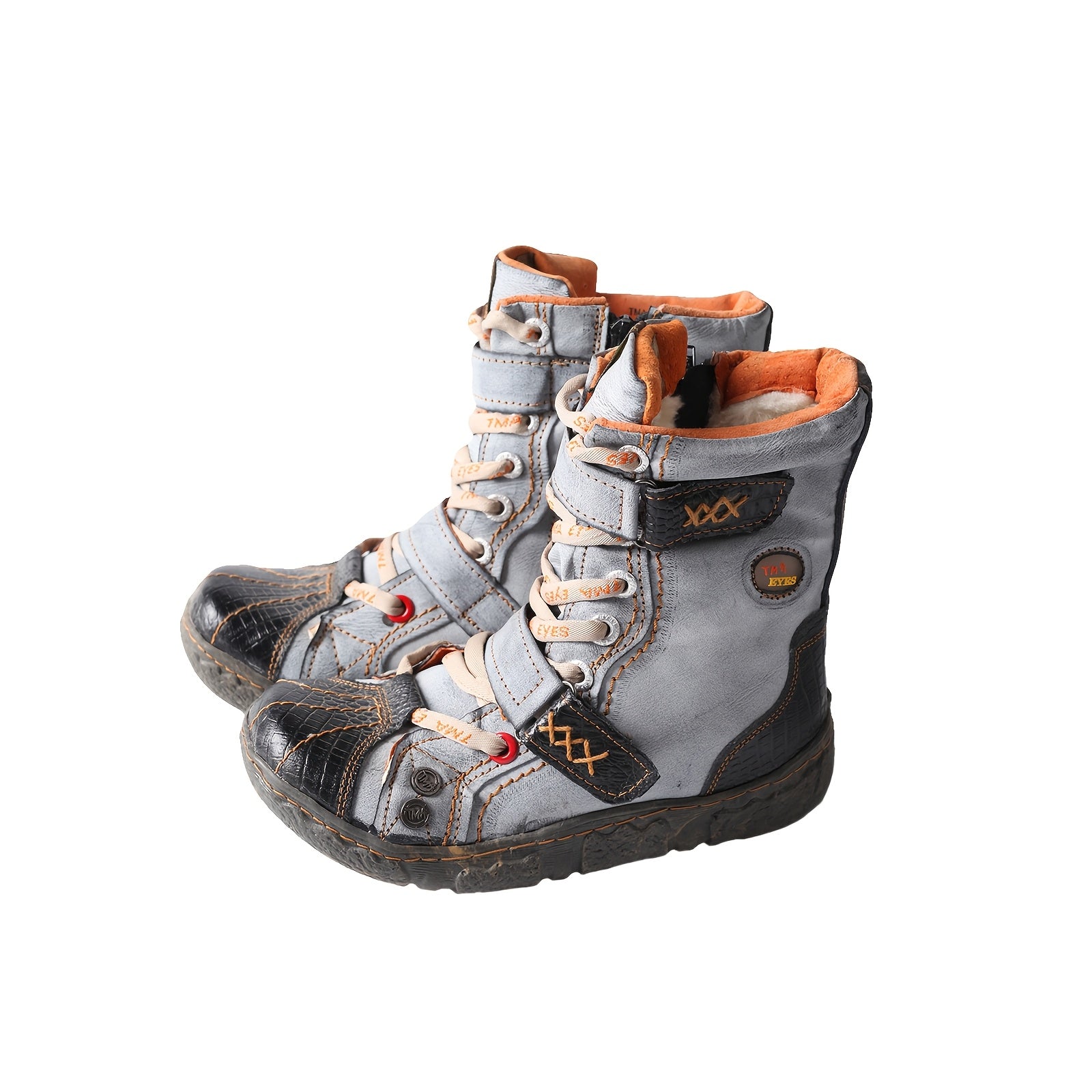 Women's Retro Leather Short Boots with Zipper and Lace Up Design