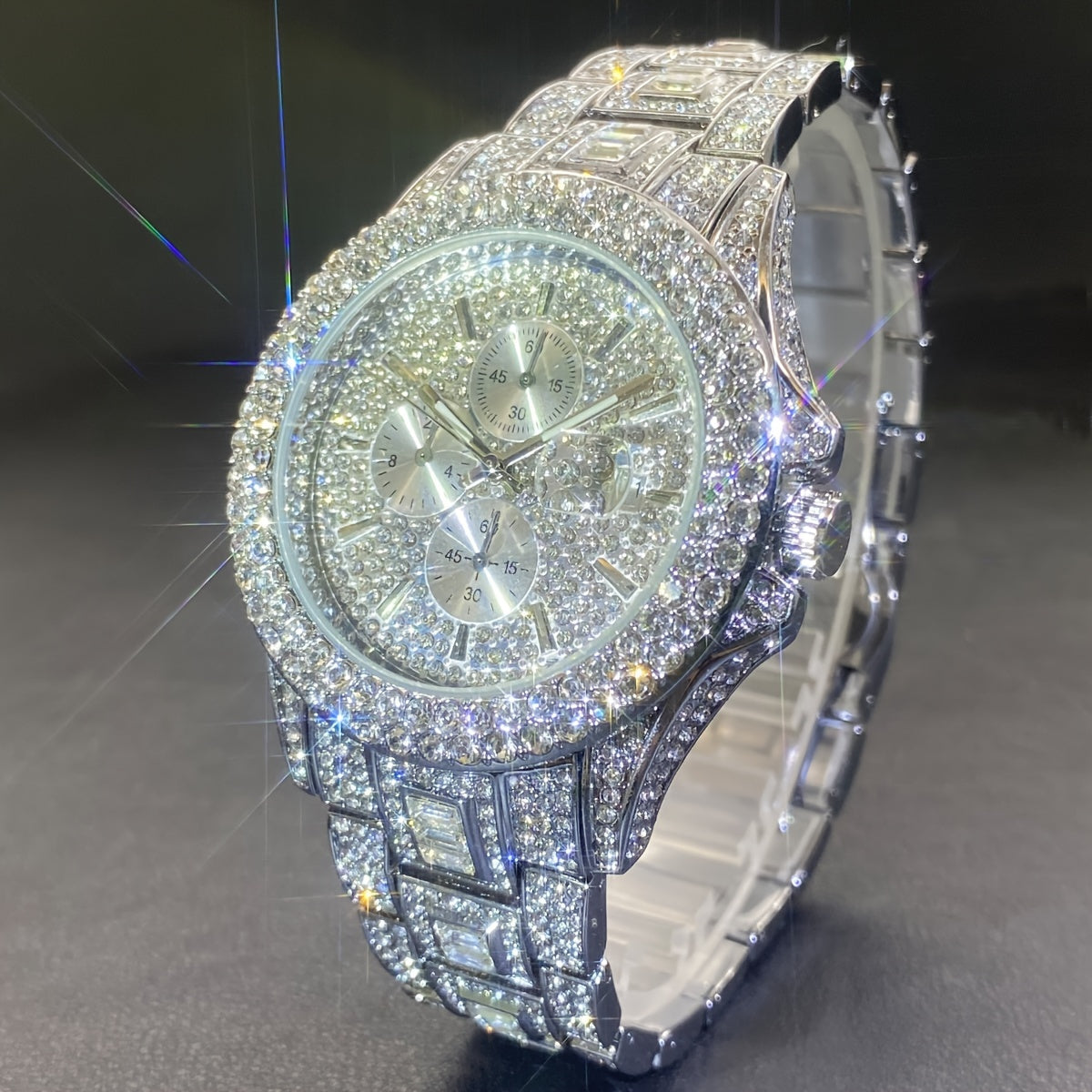 Men's Gold Diamond Decorated Quartz Watch with Rhinestone Dial and Hip-Hop Style