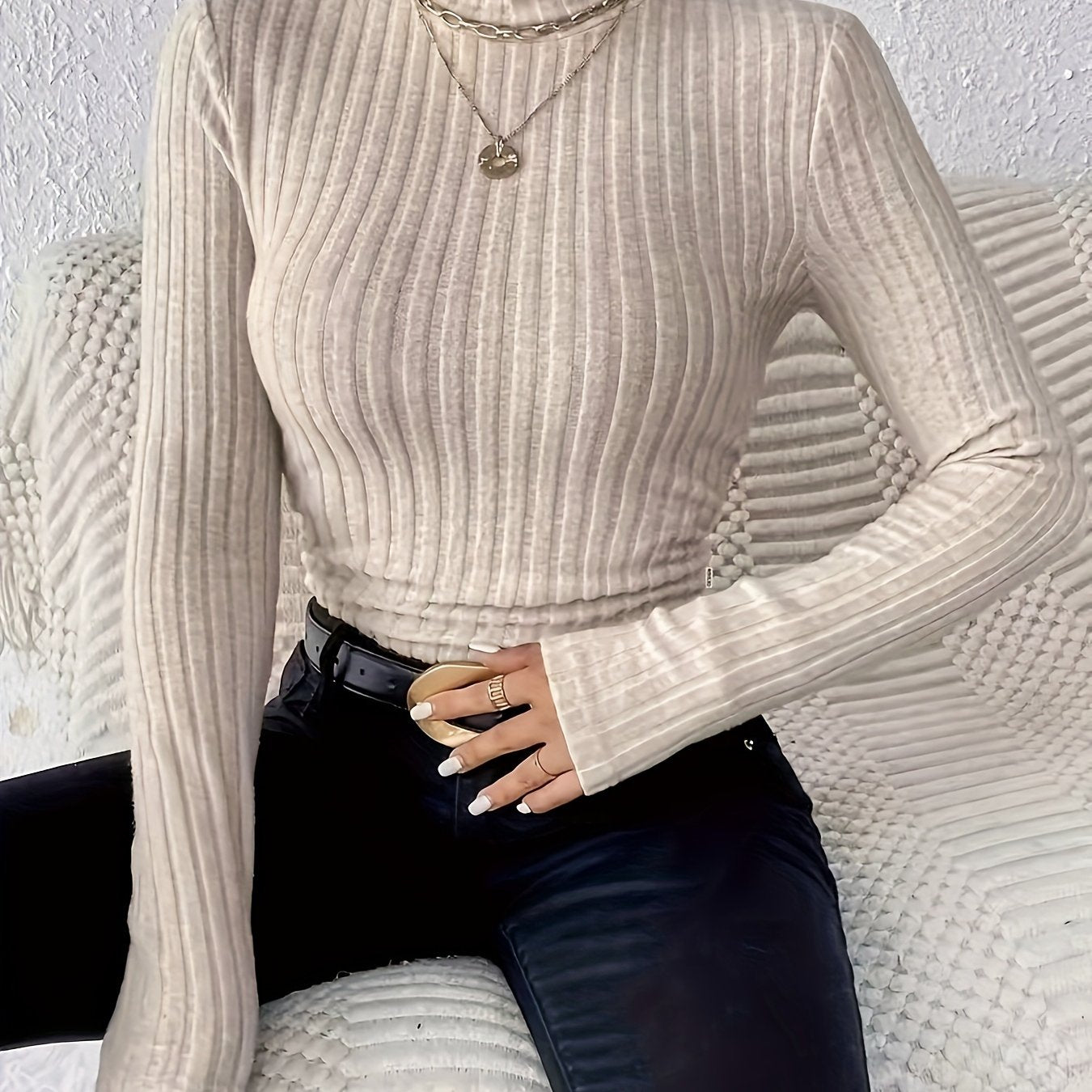 Women's Plus Size Ribbed Turtleneck Sweater Long Sleeve Knit Top