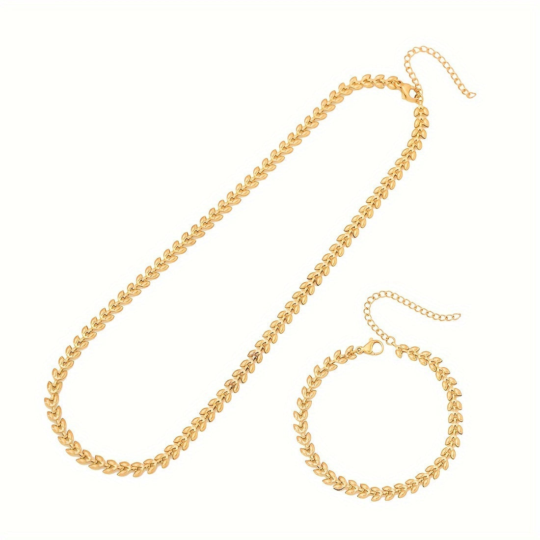Women’s 18K Gold Plated Stainless Steel Wheat Sheaf Necklace and Bracelet Set Elegant Jewelry for Everyday and Special Occasions